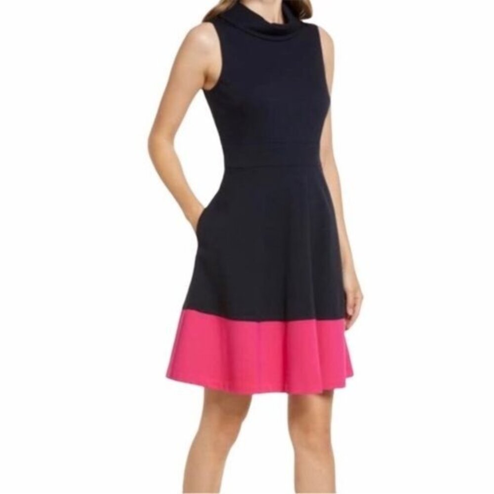 Eliza J‎ navy blue pink colorblock sleeveless fit and flare dress 10